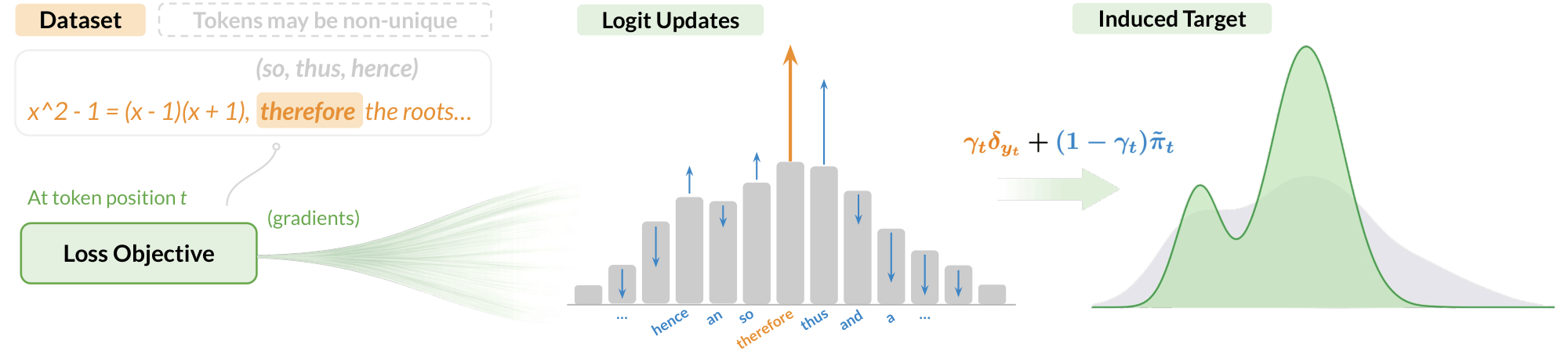Illustration: dataset token → loss gradients → induced target distribution